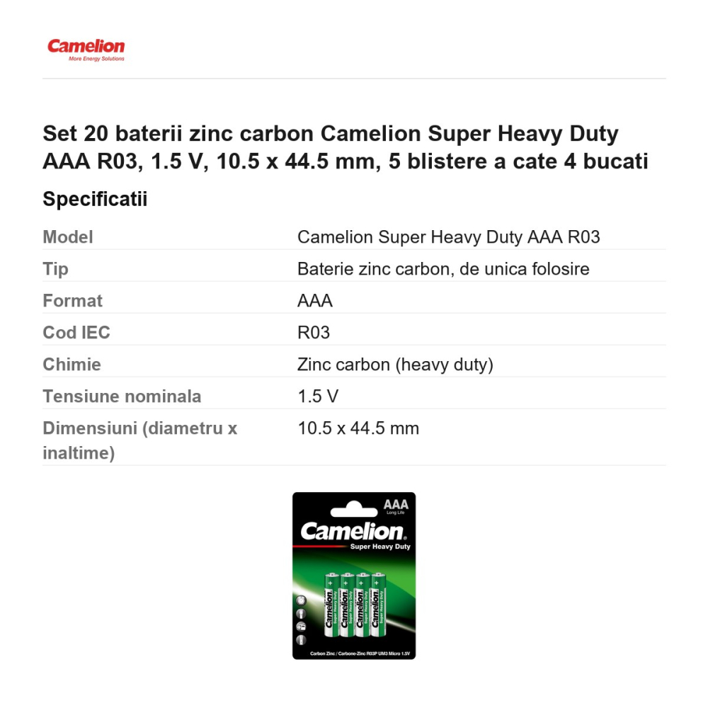 Set 20 baterii zinc carbon Camelion Super Heavy Duty AAA R03, 1.5 V, 10.5 x 44.5 mm, 5 blistere a cate 4 bucati [3]