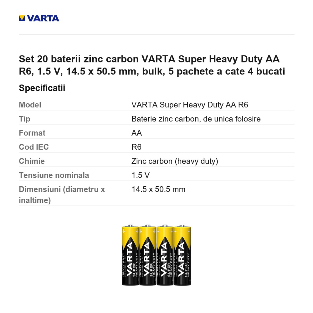 Set 20 baterii zinc carbon VARTA Super Heavy Duty AA R6, 1.5 V, 14.5 x 50.5 mm, bulk, 5 pachete a cate 4 bucati [3]