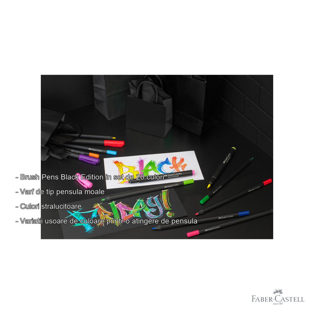 Set 20 brush pens Faber-Castell Black Edition, varf pensula moale, culori stralucitoare pentru desen si ilustratie [2]