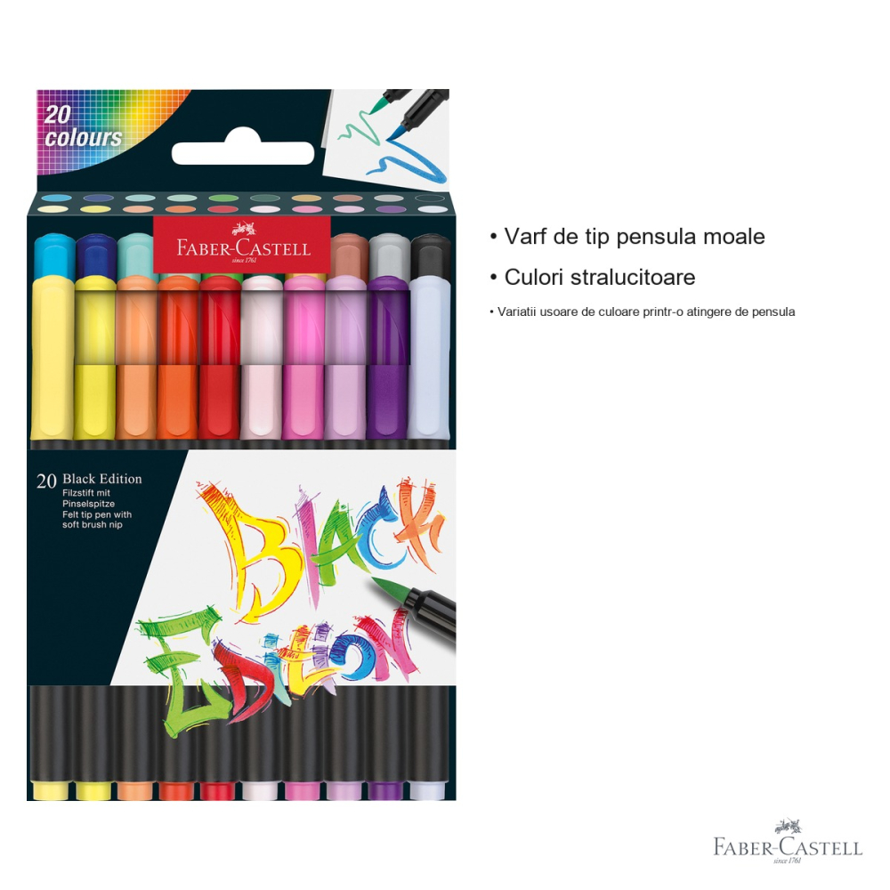 Set 20 brush pens Faber-Castell Black Edition, varf pensula moale, culori stralucitoare pentru desen si ilustratie [3]