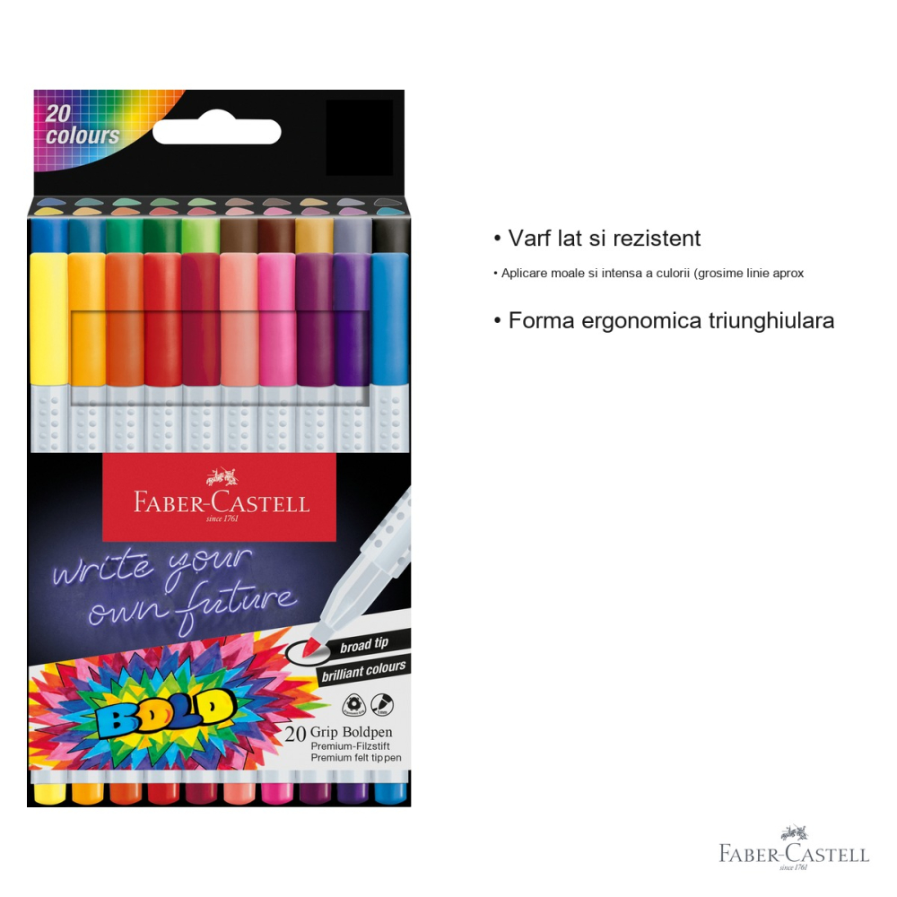 Set 20 carioci Faber-Castell Grip Boldpen, varf lat, forma ergonomica triunghiulara, pentru copii [3]