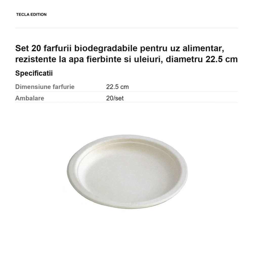 Set 20 farfurii biodegradabile pentru uz alimentar, rezistente la apa fierbinte si uleiuri, diametru 22.5 cm [3]