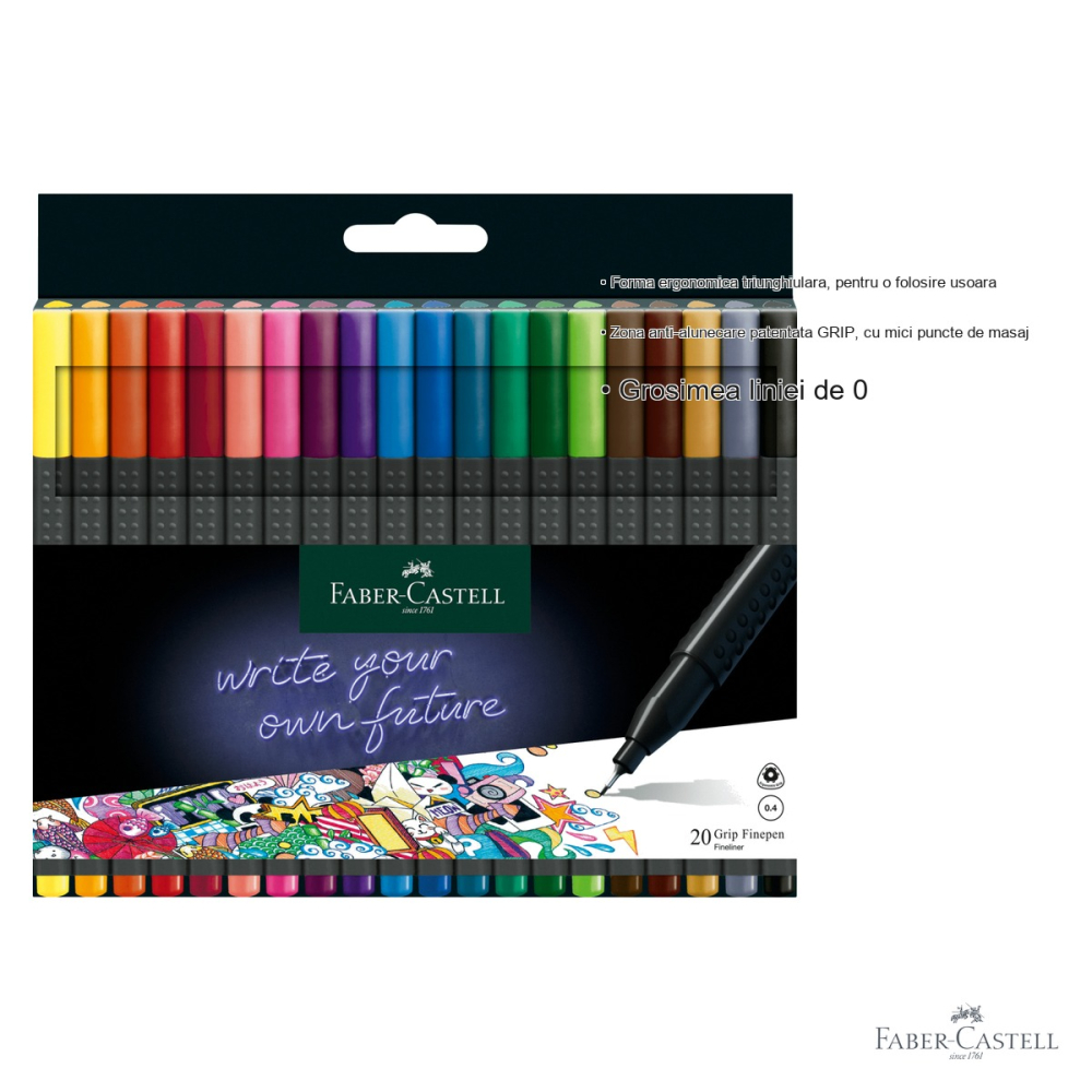 Set 20 linere Faber-Castell Grip 0.4 mm, forma ergonomica triunghiulara, cerneala lavabila [3]