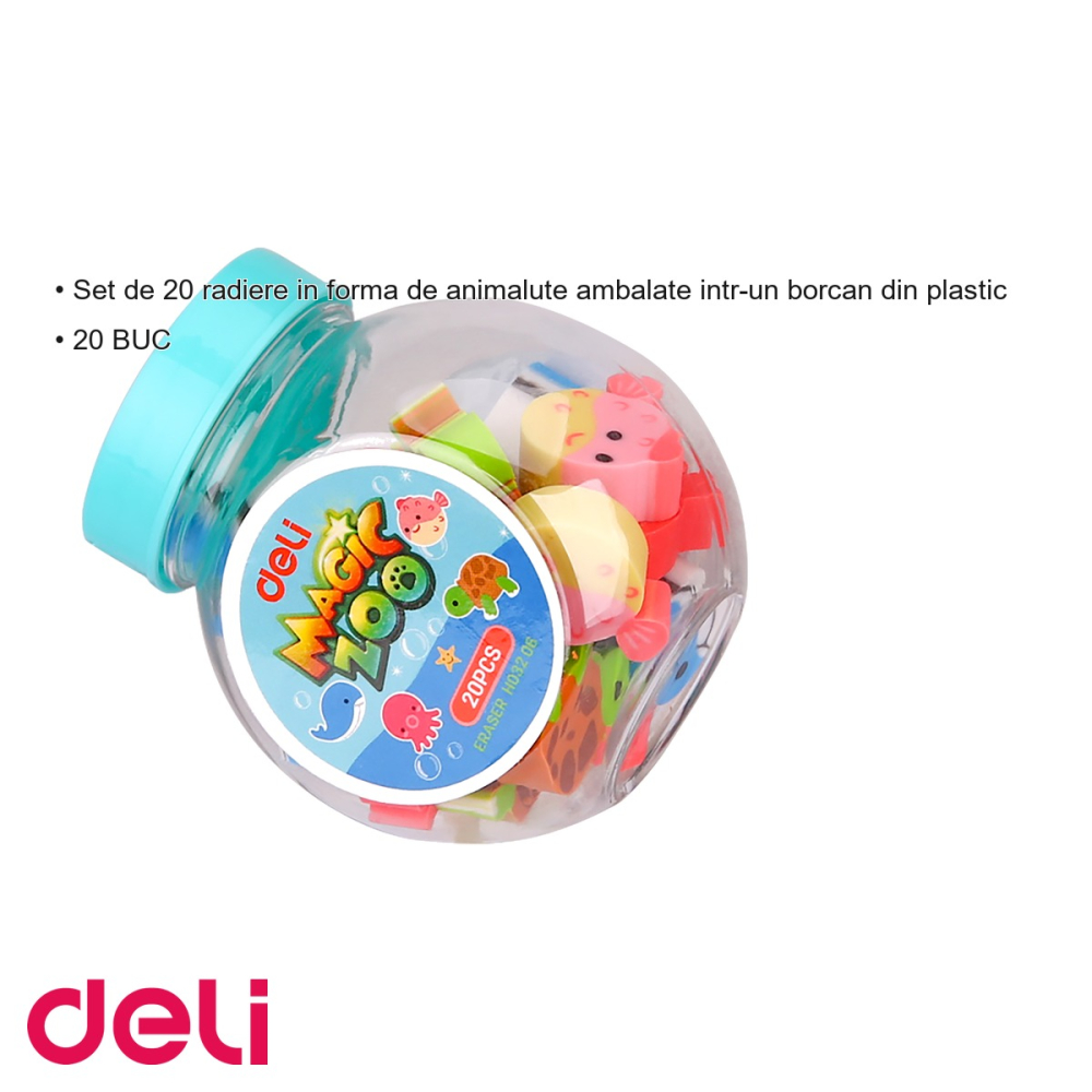 Set 20 radiere in forma de animalute Deli Mini Zoo, ambalate in borcan plastic, pentru copii [3]
