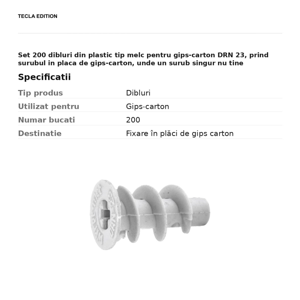 Set 200 dibluri din plastic tip melc pentru gips-carton DRN 23, prind surubul in placa de gips-carton, unde un surub singur nu tine [3]