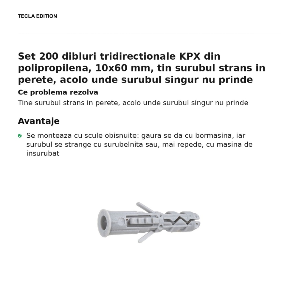 Set 200 dibluri tridirectionale KPX din polipropilena, 10x60 mm, tin surubul strans in perete, acolo unde surubul singur nu prinde [2]