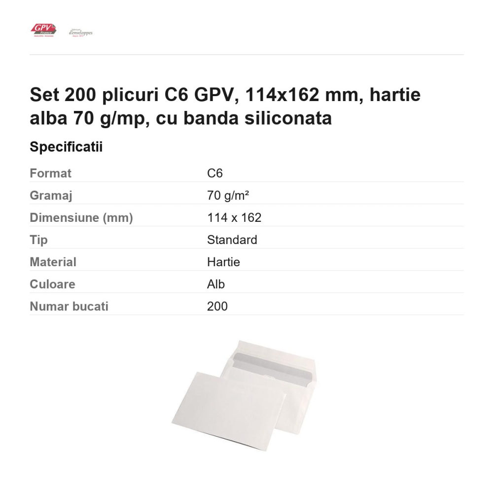 Set 200 plicuri C6 GPV, 114x162 mm, hartie alba 70 g/mp, cu banda siliconata [3]