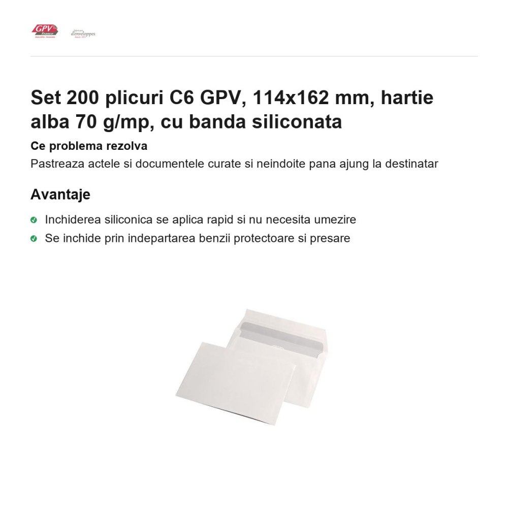 Set 200 plicuri C6 GPV, 114x162 mm, hartie alba 70 g/mp, cu banda siliconata [2]