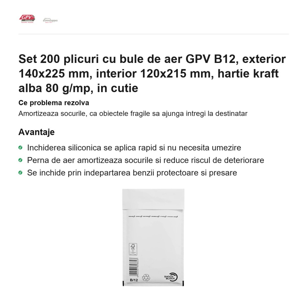 Set 200 plicuri cu bule de aer GPV B12, exterior 140x225 mm, interior 120x215 mm, hartie kraft alba 80 g/mp, in cutie [2]