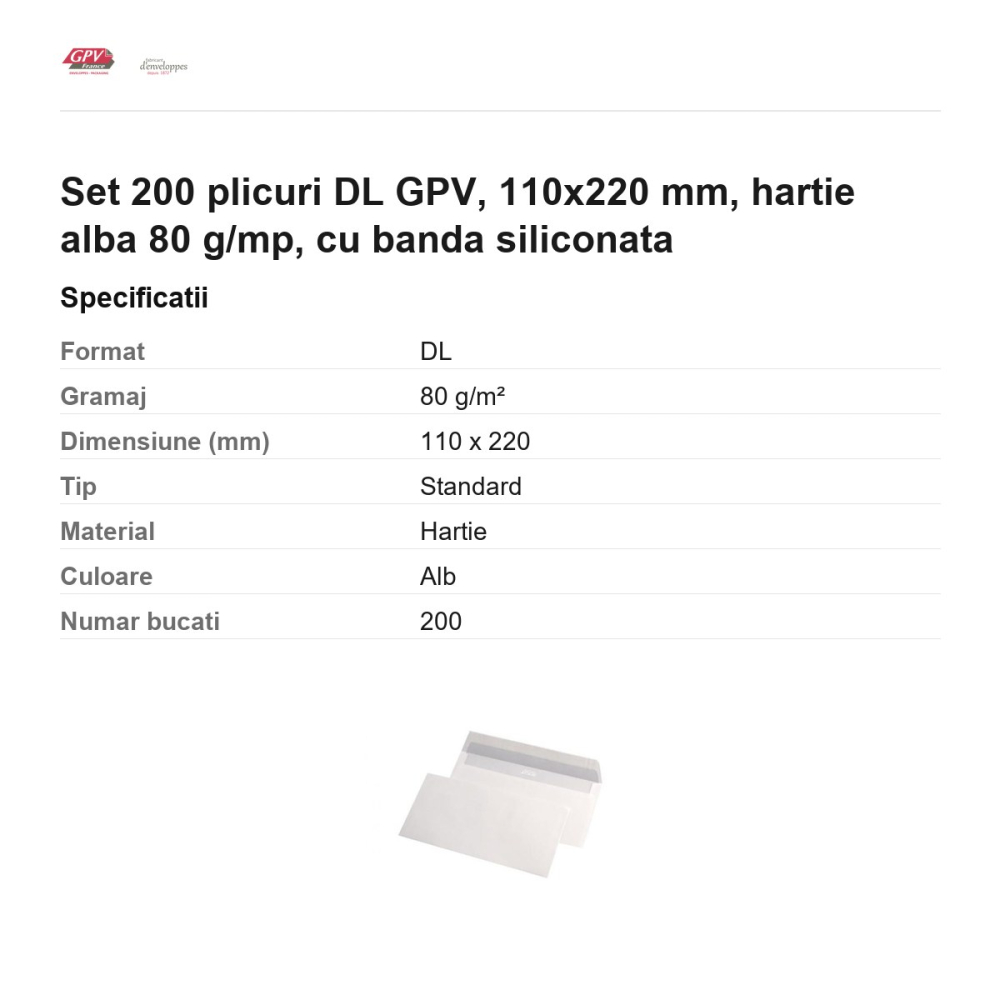 Set 200 plicuri DL GPV, 110x220 mm, hartie alba 80 g/mp, cu banda siliconata [3]