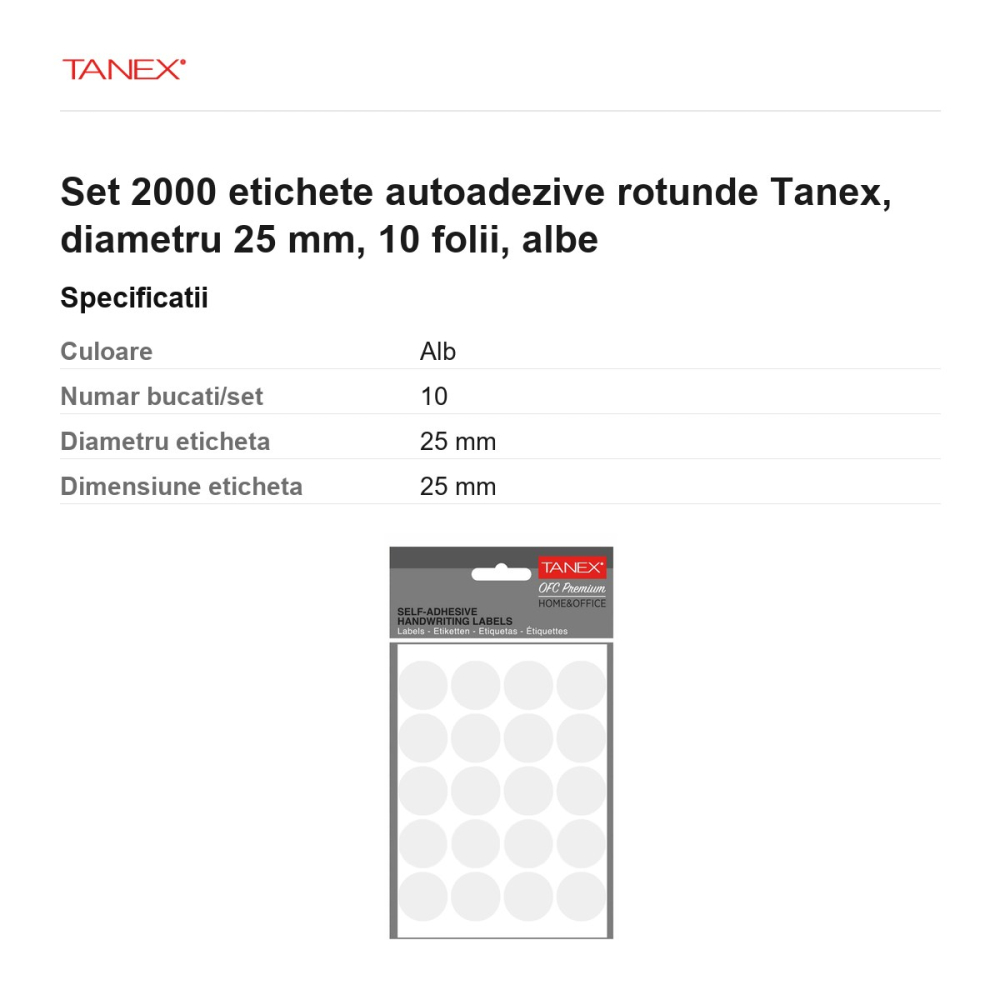 Set 2000 etichete autoadezive rotunde Tanex, diametru 25 mm, 10 seturi, albe [3]
