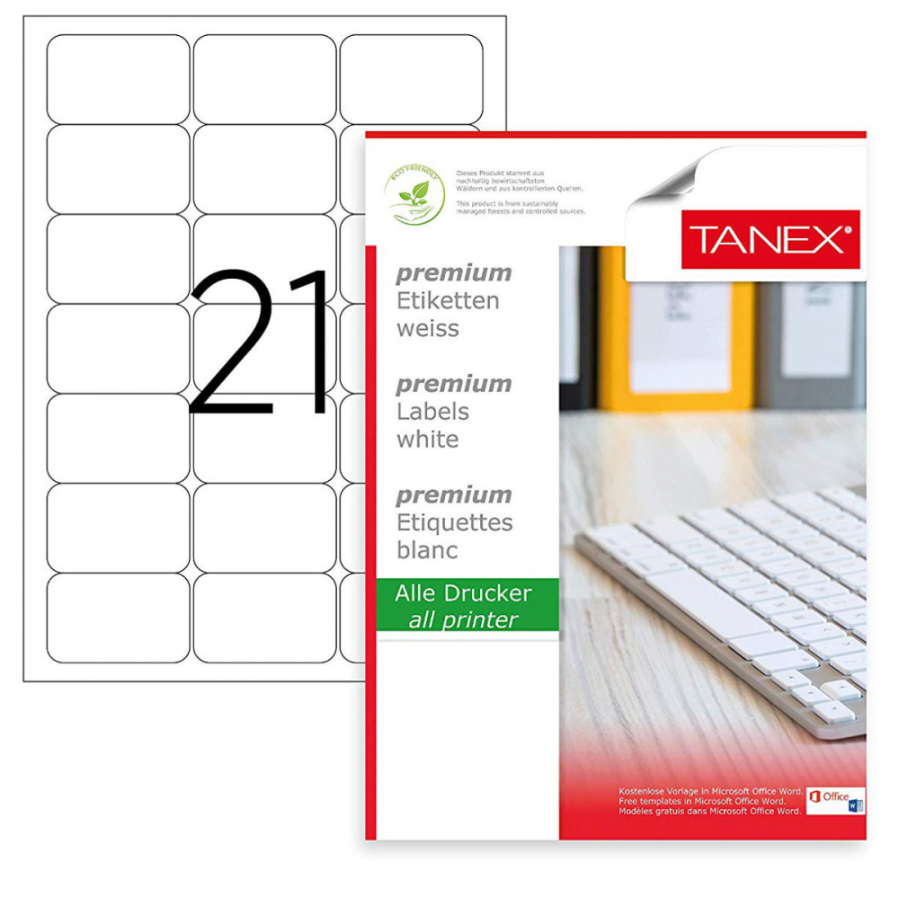 Set 2100 etichete autoadezive, 100 coli A4, 21 etichete/coala, 63.5x38.1 mm, albe, colturi rotunde, pentru imprimante laser si inkjet, Tanex TW-2021 [1]