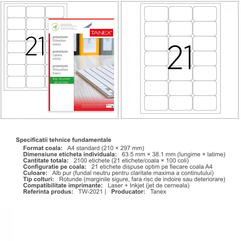 Set 2100 etichete autoadezive, 100 coli A4, 21 etichete/coala, 63.5x38.1 mm, albe, colturi rotunde, pentru imprimante laser si inkjet, Tanex TW-2021 [3]