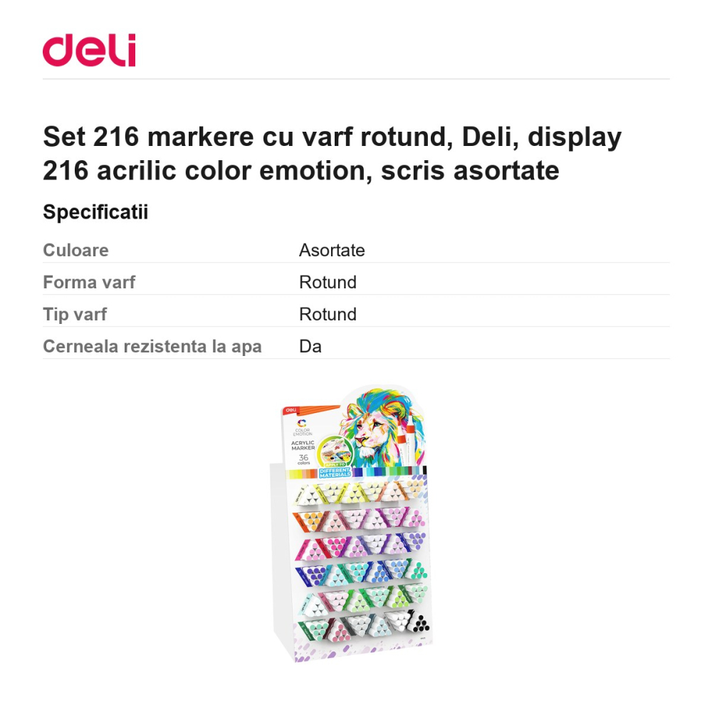 Set 216 markere cu varf rotund, Deli, display 216 acrilic color emotion, scris asortate [3]