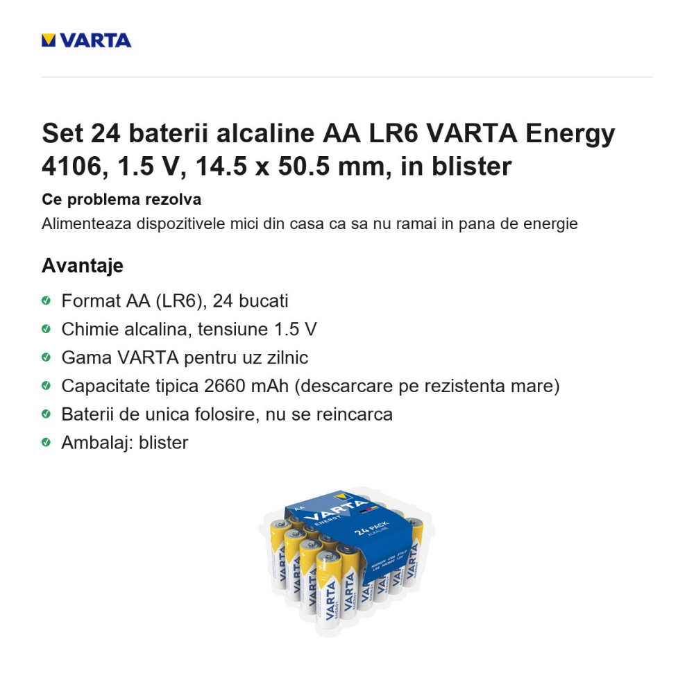 Set 24 baterii alcaline AA LR6 VARTA Energy 4106, 1.5 V, 14.5 x 50.5 mm, in blister [2]