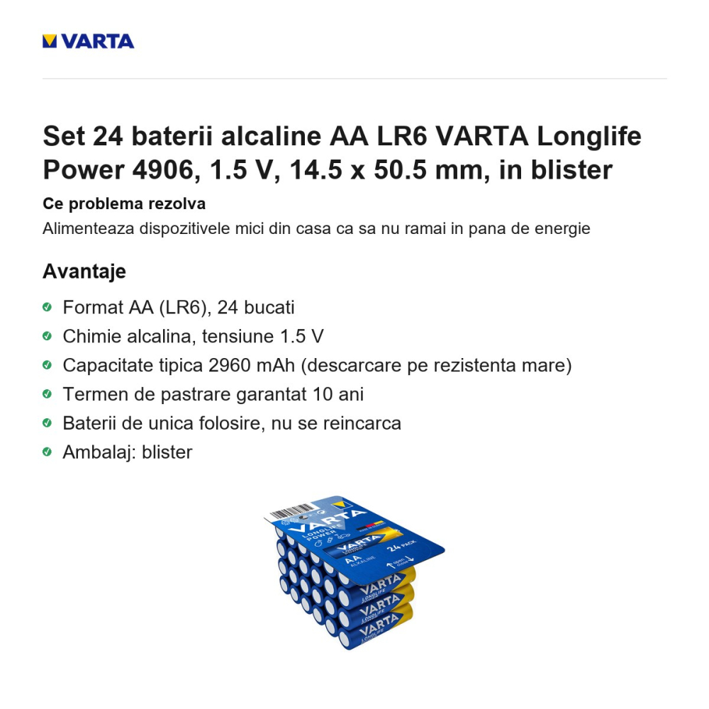 Set 24 baterii alcaline AA LR6 VARTA Longlife Power 4906, 1.5 V, 14.5 x 50.5 mm, in blister [2]