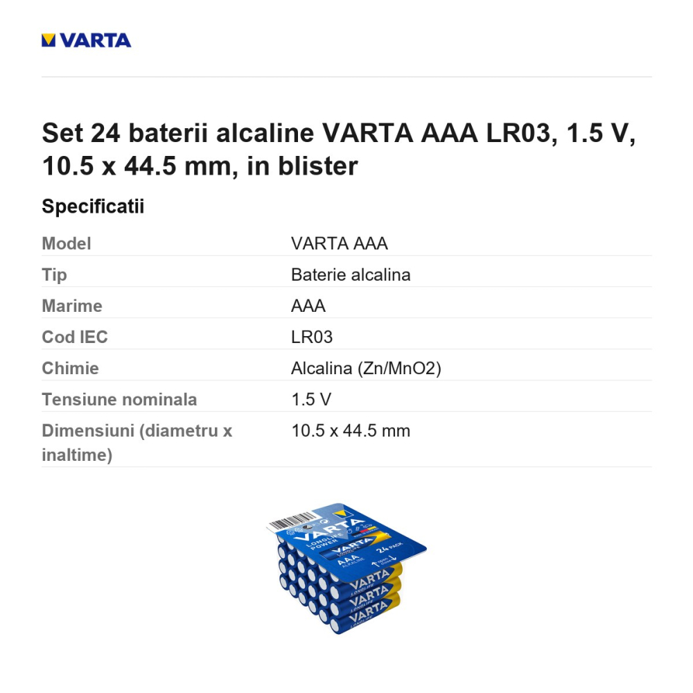 Set 24 baterii alcaline VARTA AAA LR03, 1.5 V, 10.5 x 44.5 mm, in blister [3]