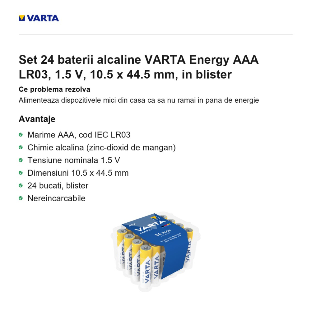 Set 24 baterii alcaline VARTA Energy AAA LR03, 1.5 V, 10.5 x 44.5 mm, in blister [2]