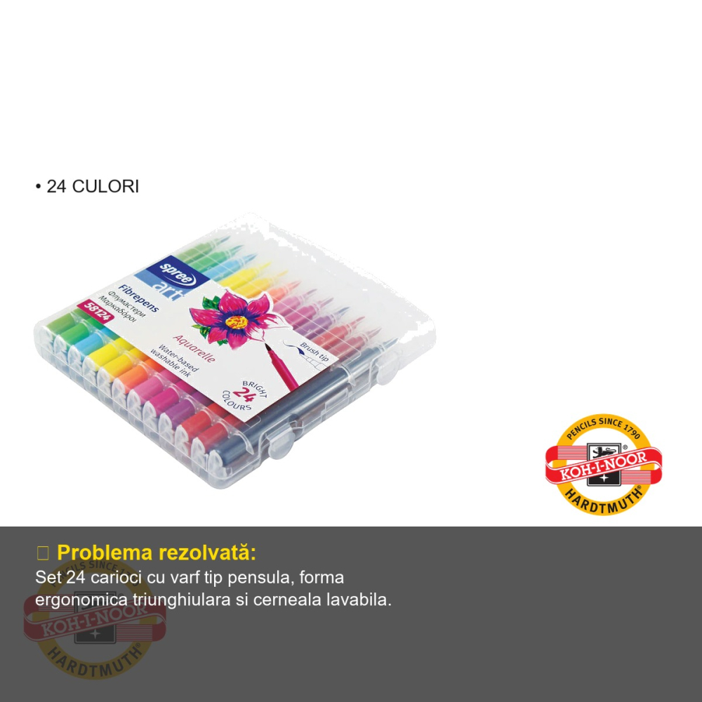 Set 24 carioci cu varf pensula Koh-I-Noor Paint Brush Spree, cerneala lavabila, forma triunghiulara ergonomica, pentru uz scolar [3]