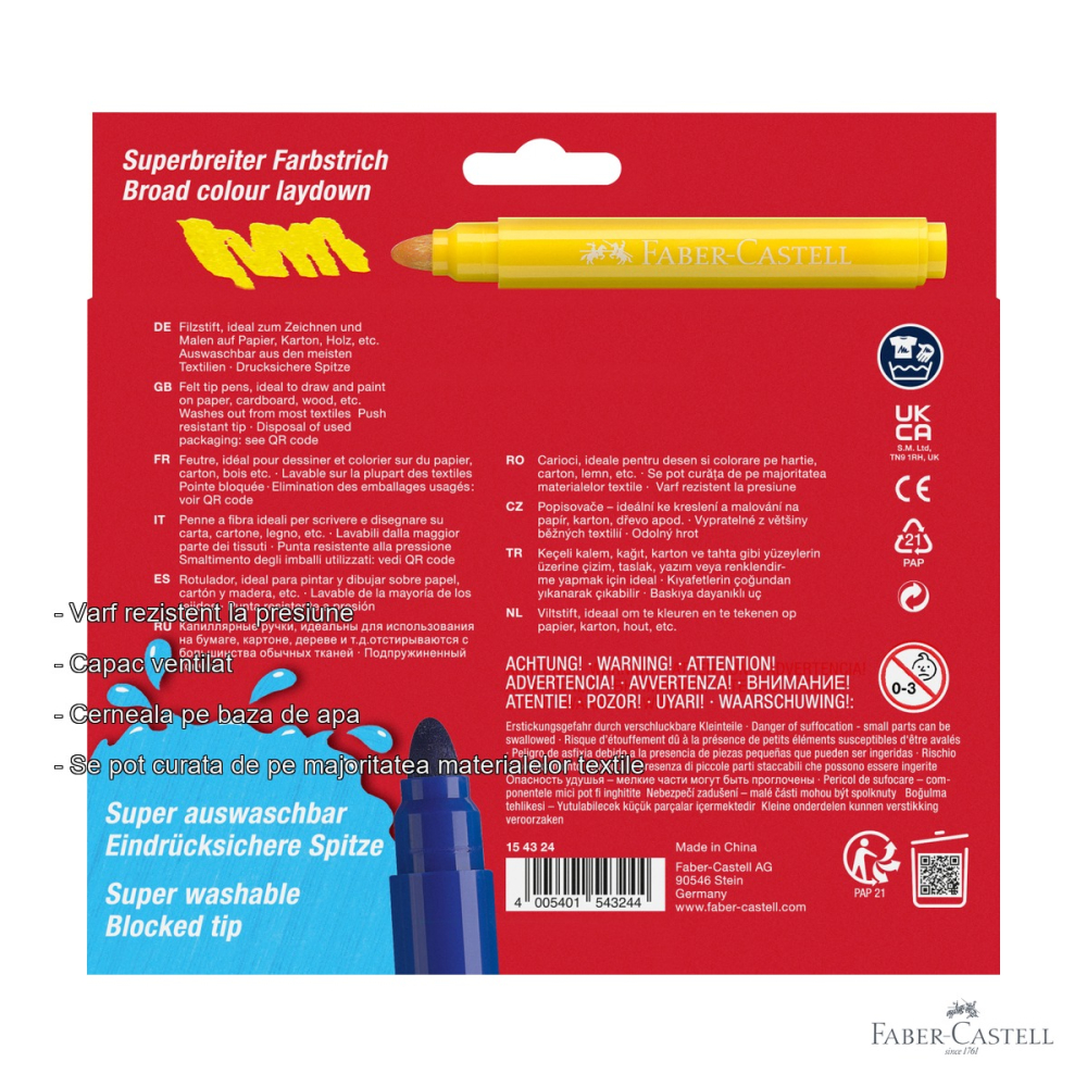 Set 24 carioci Jumbo Faber-Castell Superwashable, cerneala lavabila, pentru desen si colorare [2]