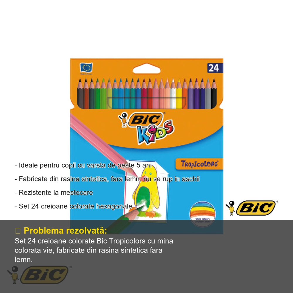 Set 24 creioane colorate Bic Tropicolors, hexagonale, din rasina sintetica, pentru copii [2]
