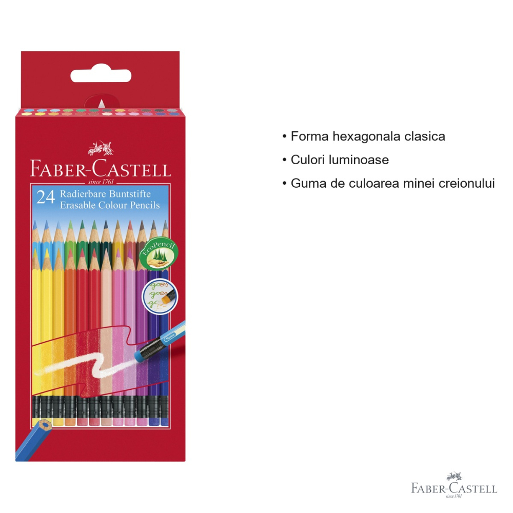 Set 24 creioane colorate cu guma Faber-Castell, forma hexagonala, eco, pentru scoala si desen creativ [3]