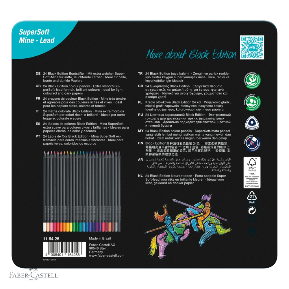 Set 24 creioane colorate Faber-Castell Black Edition, mina foarte moale, cutie metal, pentru desen artistic [4]
