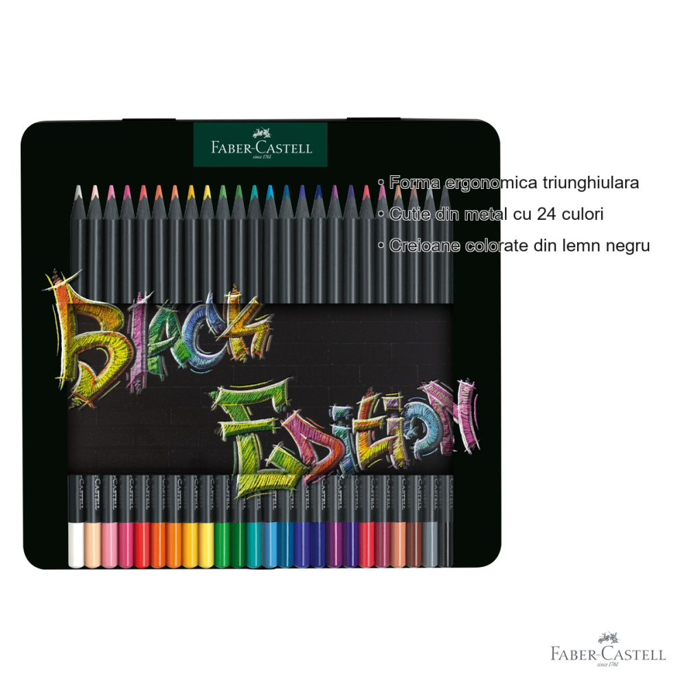 Set 24 creioane colorate Faber-Castell Black Edition, mina foarte moale, cutie metal, pentru desen artistic [3]