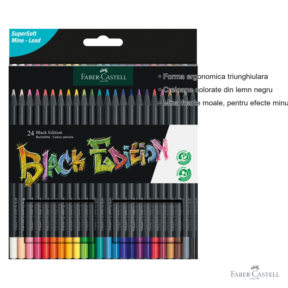 Set 24 creioane colorate Faber-Castell Black Edition, mina moale, forma triunghiulara ergonomica, pentru desen artistic [3]