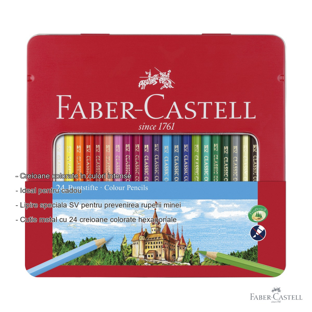 Set 24 creioane colorate Faber-Castell, cutie metal cu fereastra, culori stralucitoare pentru desen si arta [2]
