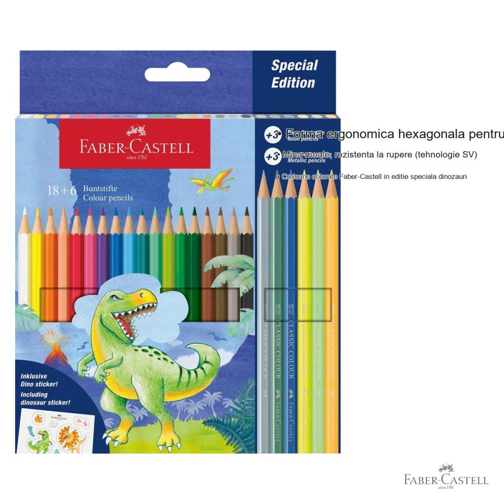 Set 24 creioane colorate Faber-Castell editie dinozauri, 18 standard + 6 neon/pastel, forma hexagonala ergonomica, pentru copii [3]
