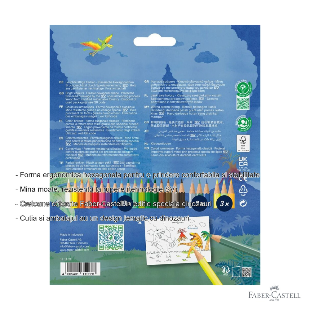 Set 24 creioane colorate Faber-Castell editie dinozauri, 18 standard + 6 neon/pastel, forma hexagonala ergonomica, pentru copii [2]
