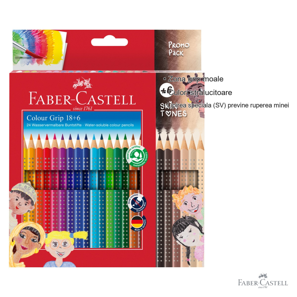 Set 24 creioane colorate Faber-Castell Grip 2001, 18 nuante clasice + 6 tonuri ale pielii, hexagonale cu zona grip, pentru copii si arte [3]