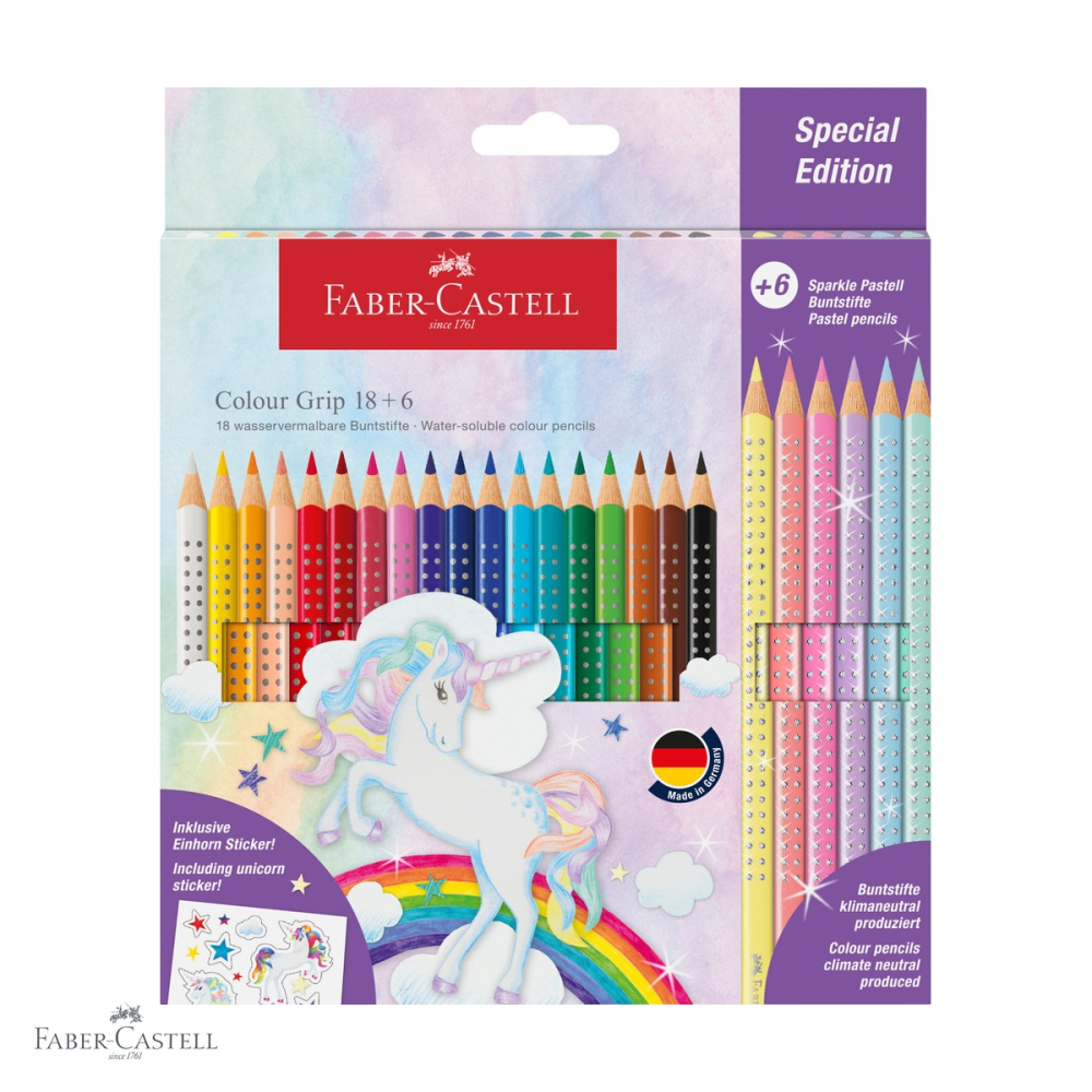 Set 24 creioane colorate Faber-Castell Grip 2001 Color + Sparkle Pastel, editie unicorni, pentru copii [1]
