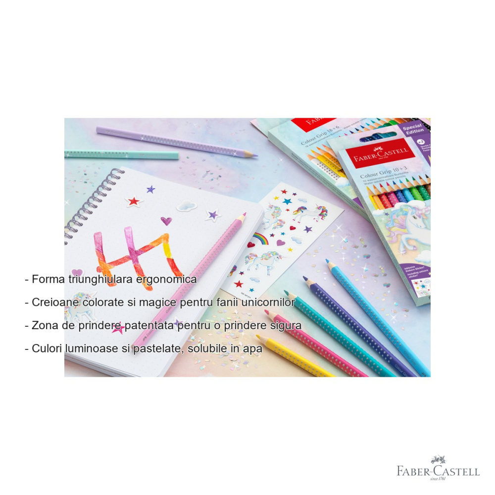 Set 24 creioane colorate Faber-Castell Grip 2001 Color + Sparkle Pastel, editie unicorni, pentru copii [2]