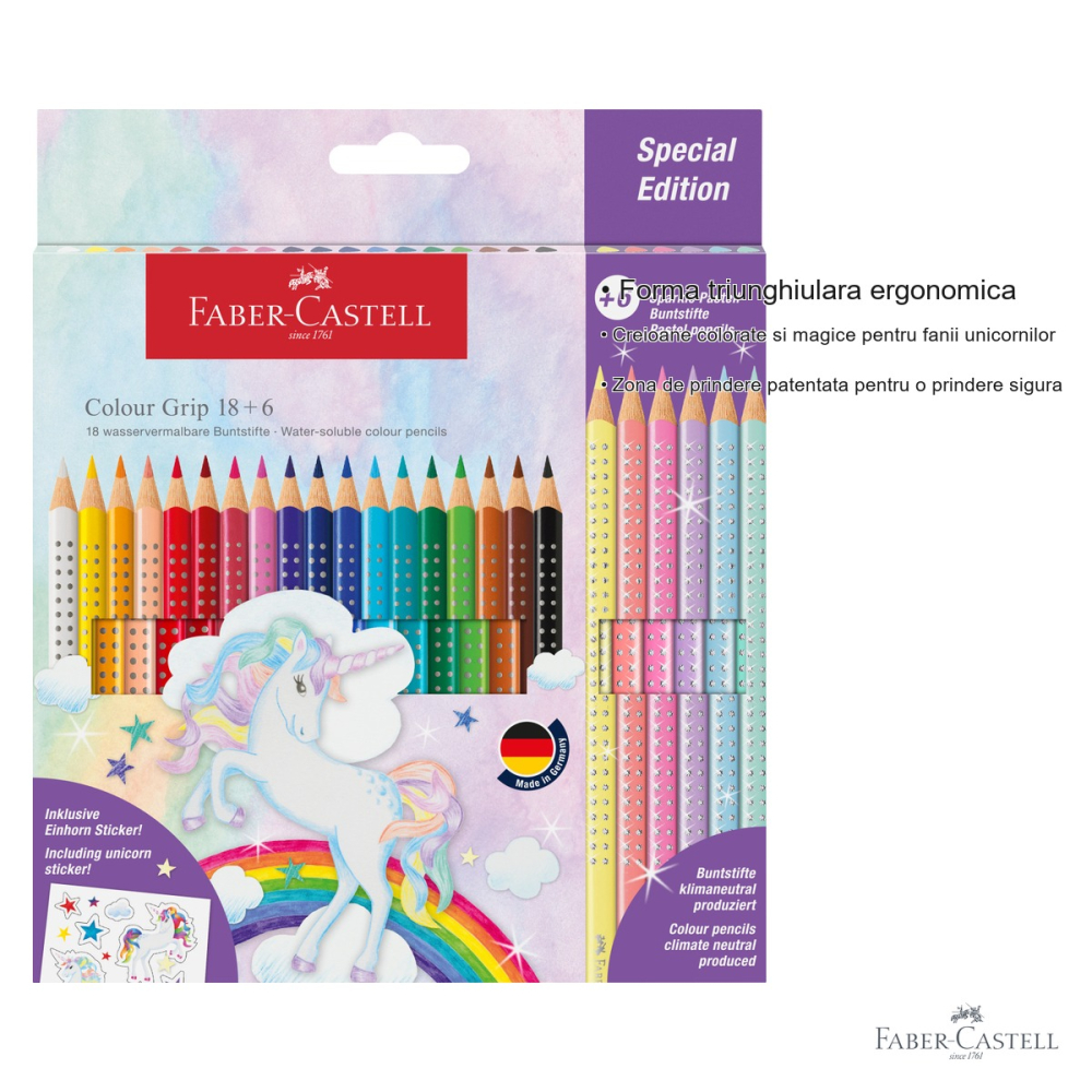 Set 24 creioane colorate Faber-Castell Grip 2001 Color + Sparkle Pastel, editie unicorni, pentru copii [3]