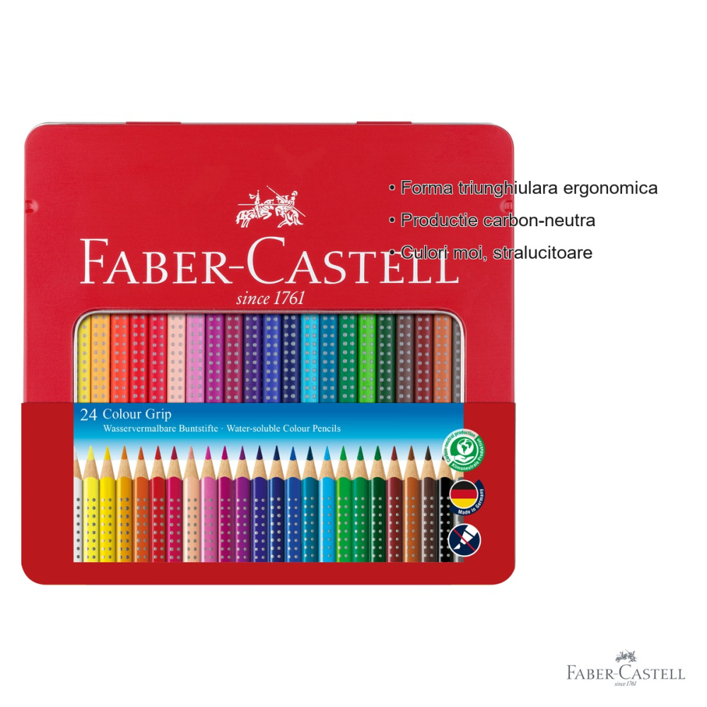 Set 24 creioane colorate Faber-Castell Grip 2001, solubile in apa, cutie metalica, forma triunghiulara ergonomica [3]