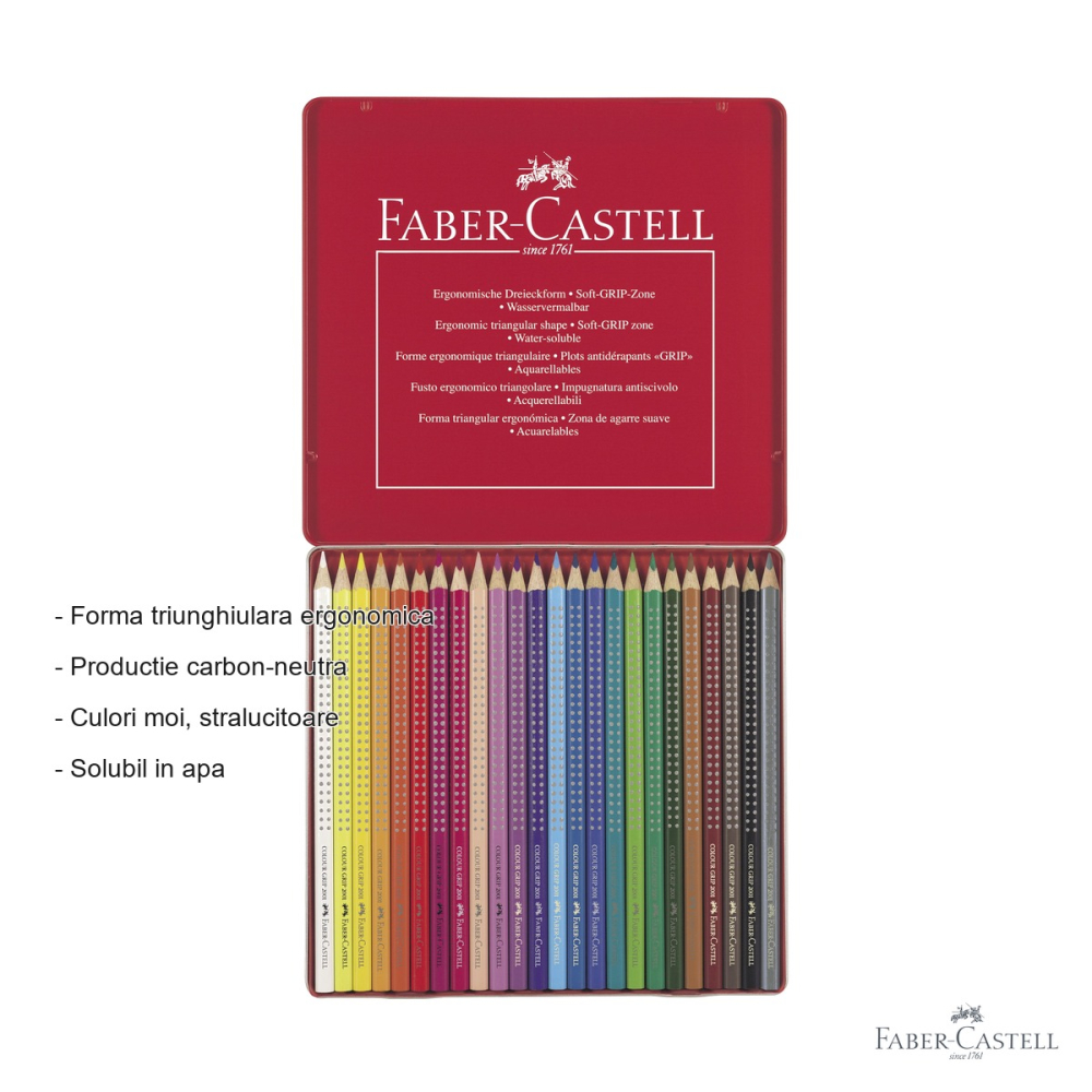 Set 24 creioane colorate Faber-Castell Grip 2001, solubile in apa, cutie metalica, forma triunghiulara ergonomica [2]