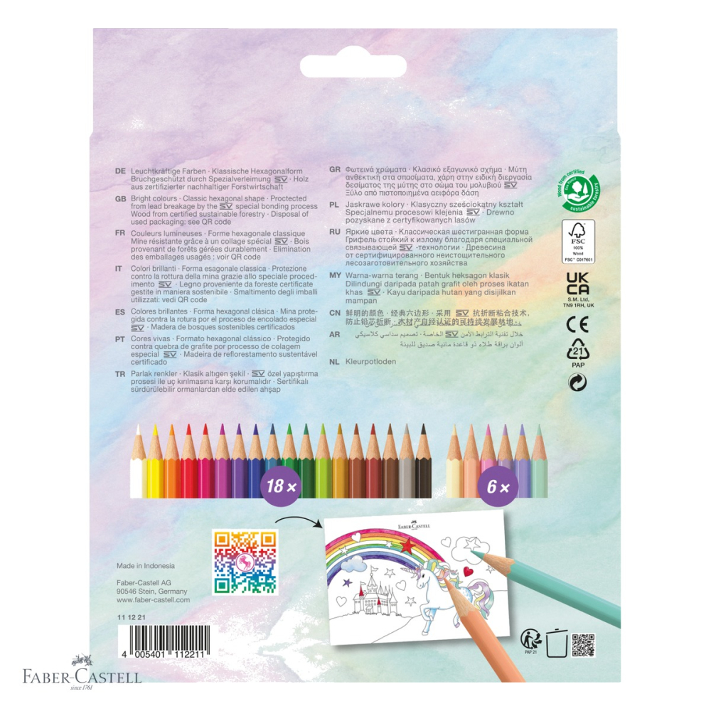 Set 24 creioane colorate Faber-Castell Unicorni, nuante clasice si pastel, cu stickere, pentru copii [4]