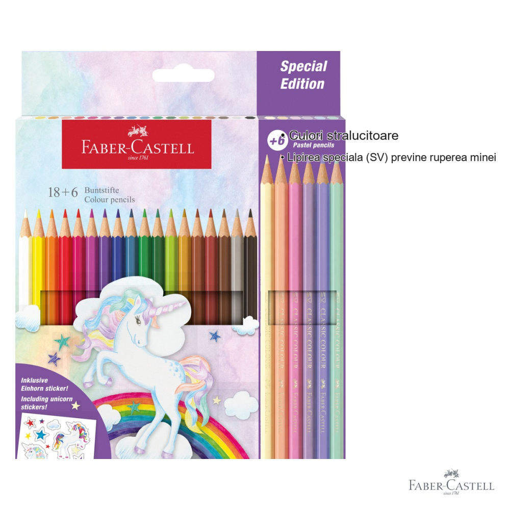 Set 24 creioane colorate Faber-Castell Unicorni, nuante clasice si pastel, cu stickere, pentru copii [3]