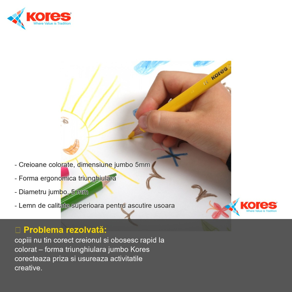 Set 24 creioane colorate Kores Jumbo, triunghiulare ergonomice cu ascutitoare inclusa, pentru copii [2]