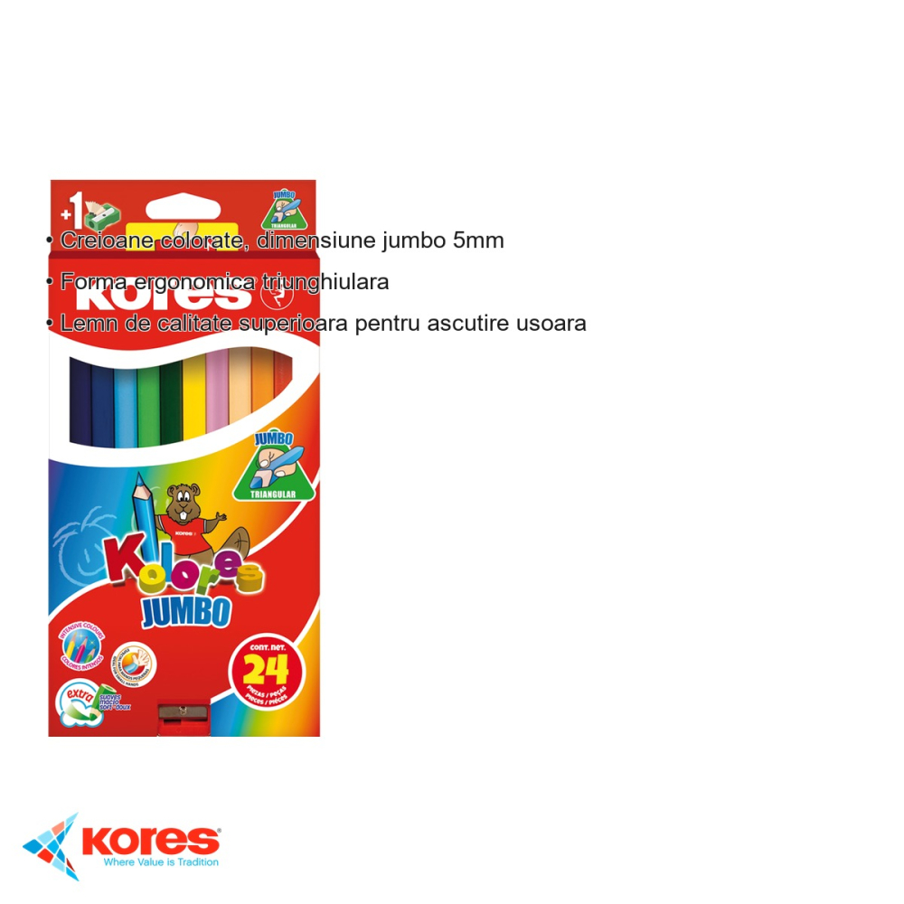 Set 24 creioane colorate Kores Jumbo, triunghiulare ergonomice cu ascutitoare inclusa, pentru copii [3]