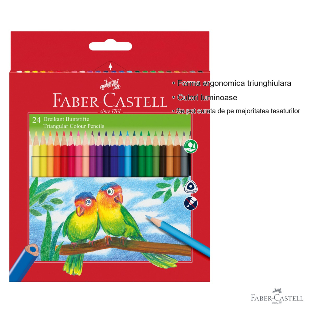 Set 24 creioane colorate triunghiulare Faber-Castell Eco, forma ergonomica + ascutitoare inclusa, pentru copii [3]