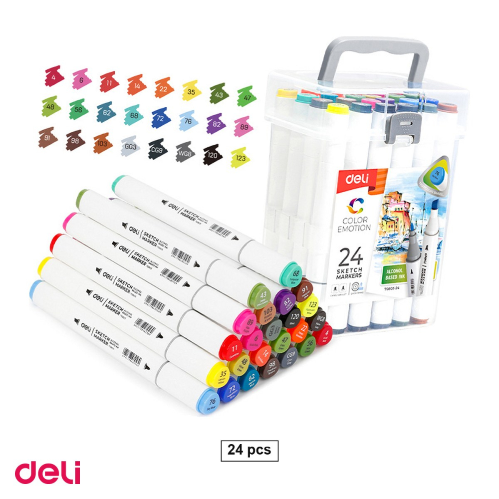 Set 24 markere pentru schite Deli Color Emotion, varf dublu rotund 1 mm si tesit 7 mm, in cutie de plastic [1]