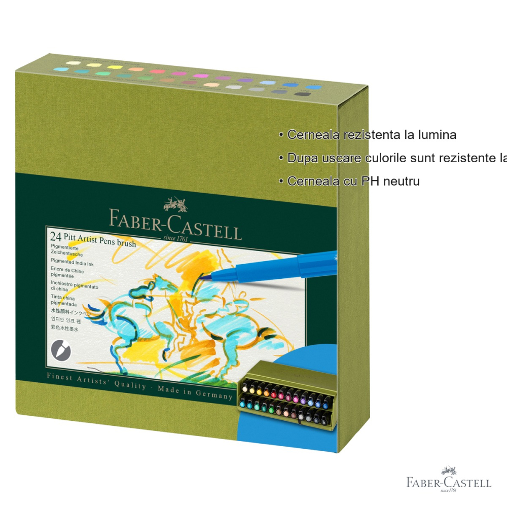 Set 24 markere Pitt Artist Pen Brush Faber-Castell, varf pensula, cutie Studio, pentru artisti si designeri [3]