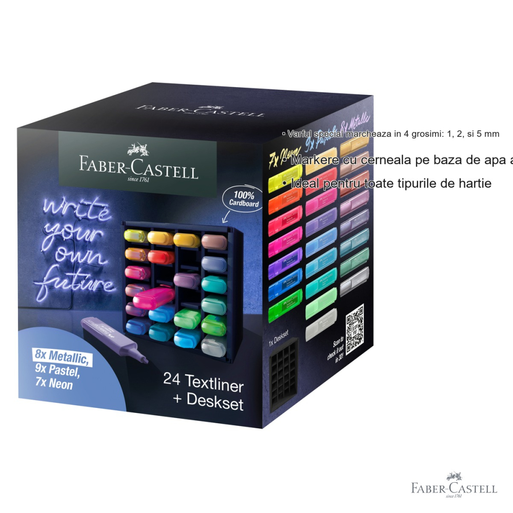 Set 24 textmarkere Faber-Castell 46, varf multiplu 1-5 mm, metalice pastel neon, pentru birou si studiu [3]