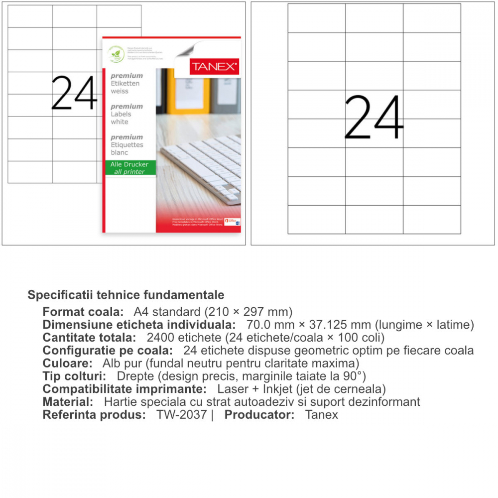 Set 2400 etichete autoadezive, 100 coli A4, 24 etichete/coala, 70x37.125 mm, albe, colturi drepte, pentru imprimante laser si inkjet, Tanex TW-2037 [3]