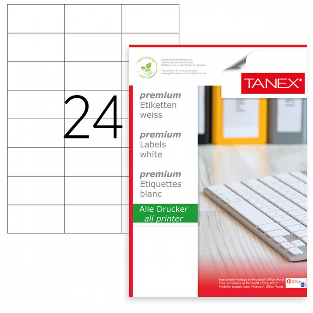 Set 2400 etichete autoadezive, 100 coli A4, 24 etichete/coala, 70x37.125 mm, albe, colturi drepte, pentru imprimante laser si inkjet, Tanex TW-2037 [1]