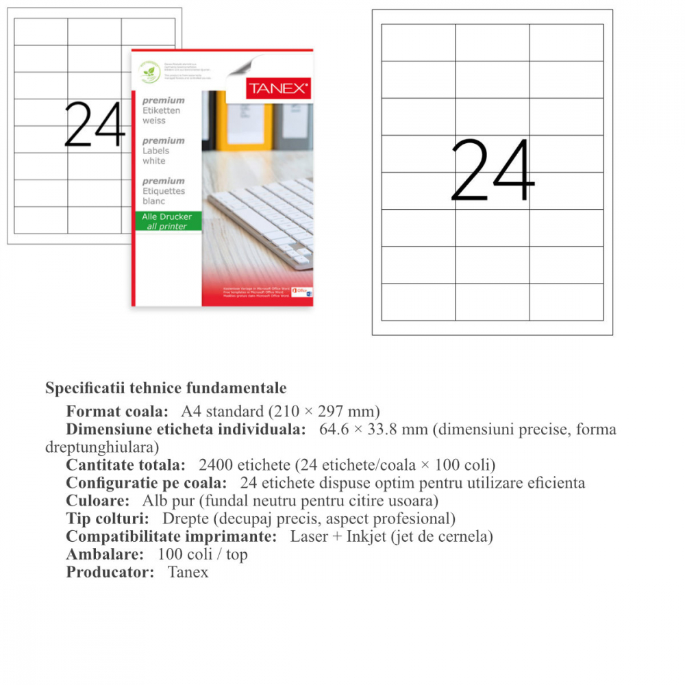 Set 2400 etichete autoadezive A4, 100 coli, 24 etichete/coala, 64.6x33.8 mm, albe, colturi drepte, pentru imprimante laser si inkjet, Tanex [3]