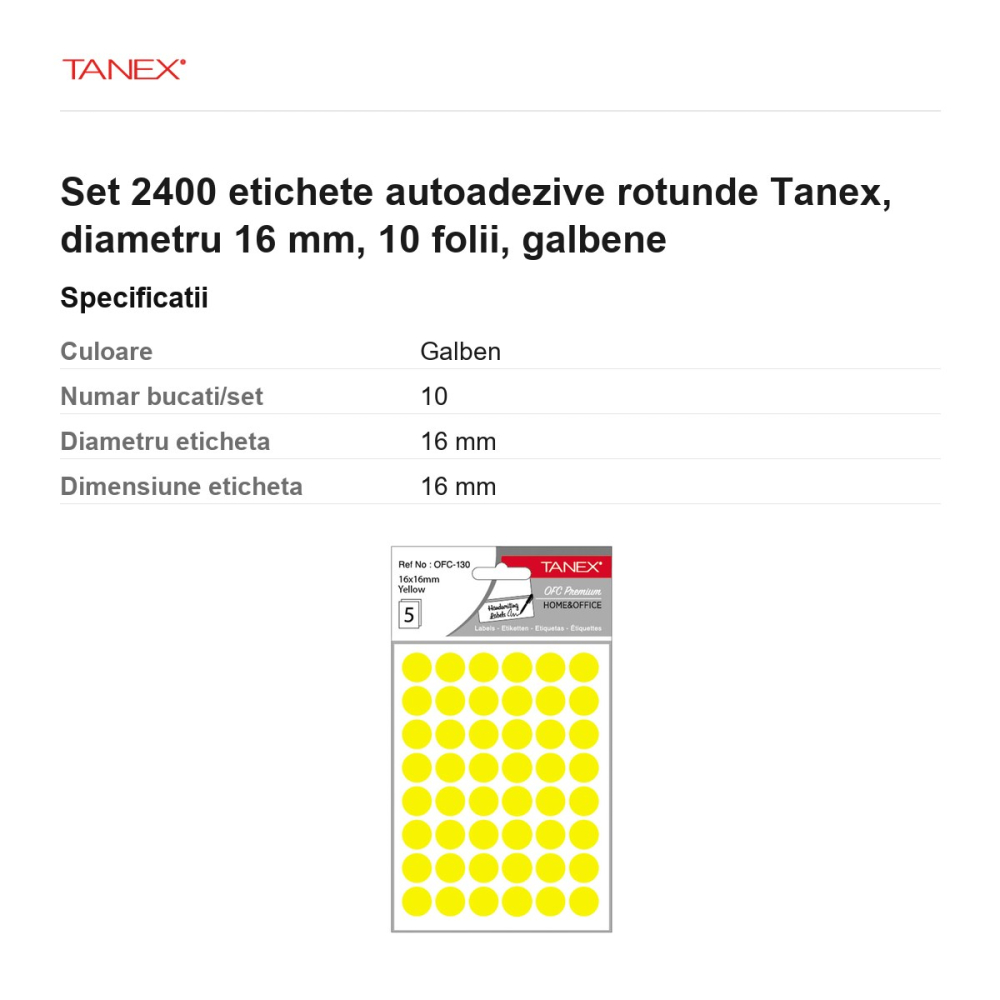 Set 2400 etichete autoadezive rotunde Tanex, diametru 16 mm, 10 seturi, galbene [3]